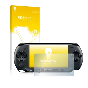 Vorderseite einer Produktverpackung mit dem Markenlogo upscreen. Daneben ist das Gerät Sony PSP 1004 mit dem zugehörigen Displ