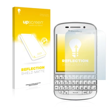 Vorderseite einer Produktverpackung mit dem Markenlogo upscreen. Daneben ist das Gerät BlackBerry Q10 mit dem zugehörigen Disp