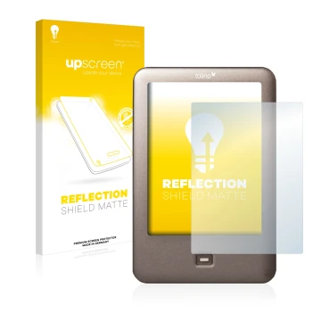 Vorderseite einer Produktverpackung mit dem Markenlogo upscreen. Daneben ist das Gerät Tolino Shine mit dem zugehörigen Displa