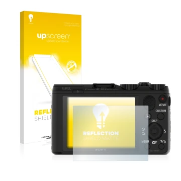 Vorderseite einer Produktverpackung mit dem Markenlogo upscreen. Daneben ist das Gerät Sony Cyber-Shot DSC-HX50V mit dem zugeh