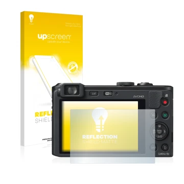 Vorderseite einer Produktverpackung mit dem Markenlogo upscreen. Daneben ist das Gerät Panasonic Lumix DMC-LF1 mit dem zugehör