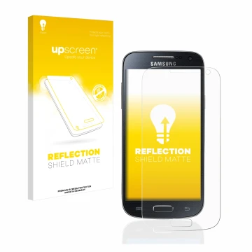 Vorderseite einer Produktverpackung mit dem Markenlogo upscreen. Daneben ist das Gerät Samsung Galaxy S4 Mini mit dem zugehöri