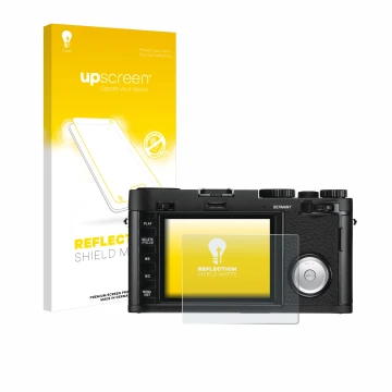Vorderseite einer Produktverpackung mit dem Markenlogo upscreen. Daneben ist das Gerät Leica X Vario mit dem zugehörigen Displ