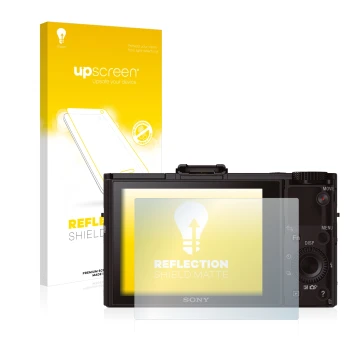 Vorderseite einer Produktverpackung mit dem Markenlogo upscreen. Daneben ist das Gerät Sony Cyber-Shot DSC-RX100 II mit dem zu