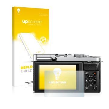 Vorderseite einer Produktverpackung mit dem Markenlogo upscreen. Daneben ist das Gerät Fujifilm X-M1 mit dem zugehörigen Displ