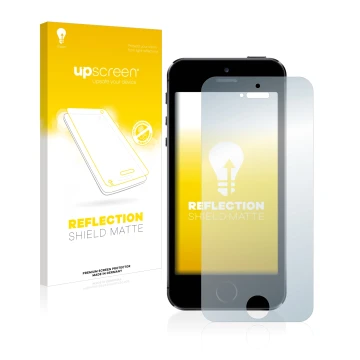 Vorderseite einer Produktverpackung mit dem Markenlogo upscreen. Daneben ist das Gerät Apple iPhone 5S mit dem zugehörigen Dis