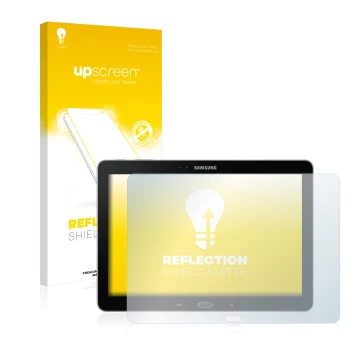 Vorderseite einer Produktverpackung mit dem Markenlogo upscreen. Daneben ist das Gerät Samsung Galaxy Note 10.1 2014 Edition L