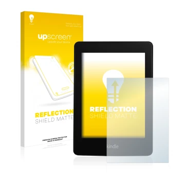 Vorderseite einer Produktverpackung mit dem Markenlogo upscreen. Daneben ist das Gerät Amazon Kindle Paperwhite 2013 mit dem z