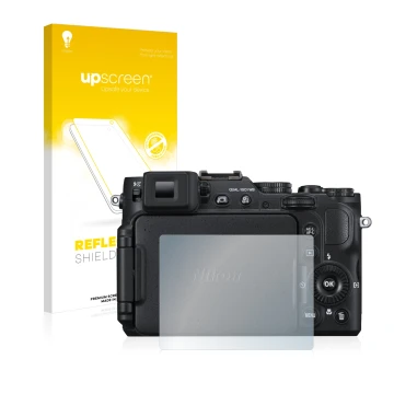 Vorderseite einer Produktverpackung mit dem Markenlogo upscreen. Daneben ist das Gerät Nikon Coolpix P7800 mit dem zugehörigen