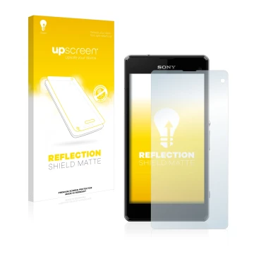 Vorderseite einer Produktverpackung mit dem Markenlogo upscreen. Daneben ist das Gerät Sony Xperia Z1 Compact D5503 mit dem zu