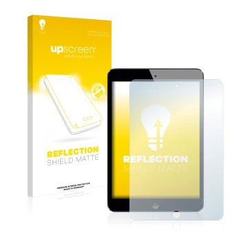 Vorderseite einer Produktverpackung mit dem Markenlogo upscreen. Daneben ist das Gerät Apple iPad Mini 2 2013 mit dem zugehöri