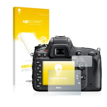 Vorderseite einer Produktverpackung mit dem Markenlogo upscreen. Daneben ist das Gerät Nikon D610 mit dem zugehörigen Displays