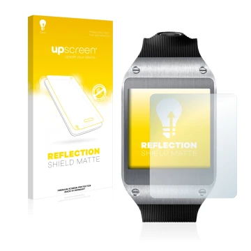 Vorderseite einer Produktverpackung mit dem Markenlogo upscreen. Daneben ist das Gerät Samsung Galaxy Gear V700 mit dem zugehö