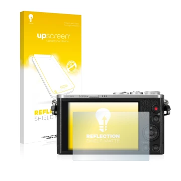 Vorderseite einer Produktverpackung mit dem Markenlogo upscreen. Daneben ist das Gerät Panasonic Lumix DMC-GM1 mit dem zugehör