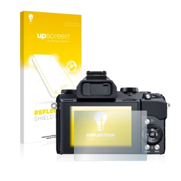 Vorderseite einer Produktverpackung mit dem Markenlogo upscreen. Daneben ist das Gerät Olympus Stylus 1 mit dem zugehörigen Di
