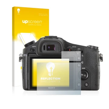 Vorderseite einer Produktverpackung mit dem Markenlogo upscreen. Daneben ist das Gerät Sony Cyber-Shot DSC-RX10 mit dem zugehö