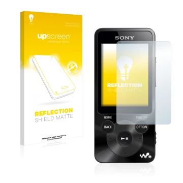 Vorderseite einer Produktverpackung mit dem Markenlogo upscreen. Daneben ist das Gerät Sony Walkman NWZ-E585 mit dem zugehörig