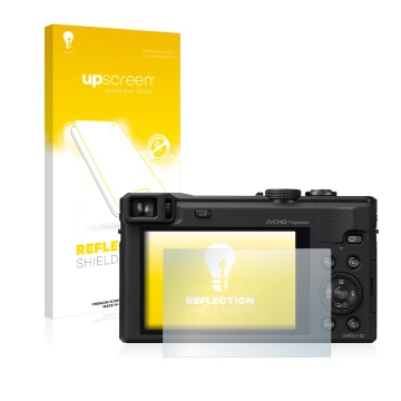 Vorderseite einer Produktverpackung mit dem Markenlogo upscreen. Daneben ist das Gerät Panasonic Lumix DMC-TZ61 mit dem zugehö