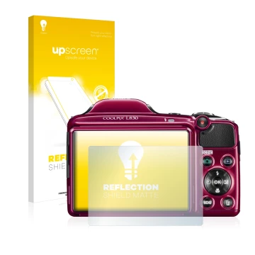 Vorderseite einer Produktverpackung mit dem Markenlogo upscreen. Daneben ist das Gerät Nikon Coolpix L830 mit dem zugehörigen 