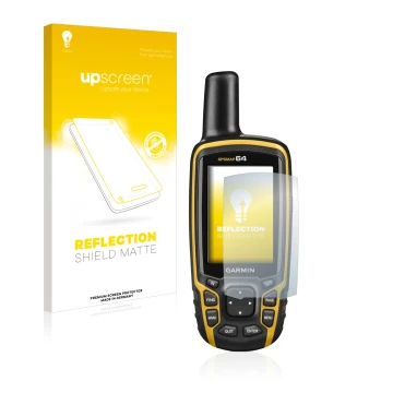Vorderseite einer Produktverpackung mit dem Markenlogo upscreen. Daneben ist das Gerät Garmin GPSMAP 64 mit dem zugehörigen Di