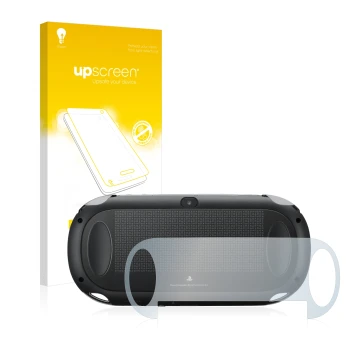 Vorderseite einer Produktverpackung mit dem Markenlogo upscreen. Daneben ist das Gerät Sony Playstation PCH-1000-Serie PS Vita