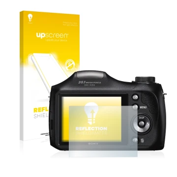 Vorderseite einer Produktverpackung mit dem Markenlogo upscreen. Daneben ist das Gerät Sony Cyber-Shot DSC-H300 mit dem zugehö