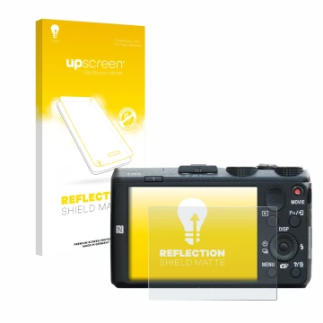 Vorderseite einer Produktverpackung mit dem Markenlogo upscreen. Daneben ist das Gerät Sony Cyber-Shot DSC-HX60 mit dem zugehö