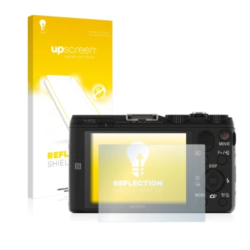 Vorderseite einer Produktverpackung mit dem Markenlogo upscreen. Daneben ist das Gerät Sony Cyber-Shot DSC-HX60V mit dem zugeh