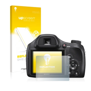 Vorderseite einer Produktverpackung mit dem Markenlogo upscreen. Daneben ist das Gerät Sony Cyber-Shot DSC-H400 mit dem zugehö