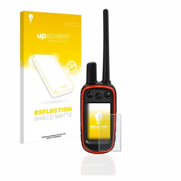 Vorderseite einer Produktverpackung mit dem Markenlogo upscreen. Daneben ist das Gerät Garmin Alpha 100 mit dem zugehörigen Di