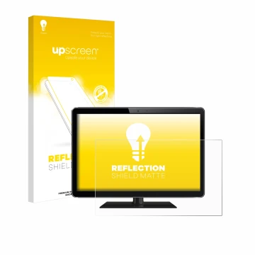 Vorderseite einer Produktverpackung mit dem Markenlogo upscreen. Daneben ist das Gerät mit dem zugehörigen Displayschutz abgeb