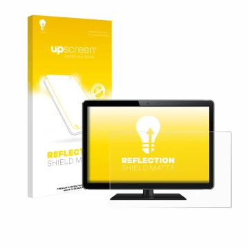 Vorderseite einer Produktverpackung mit dem Markenlogo upscreen. Daneben ist das Gerät mit dem zugehörigen Displayschutz abgeb
