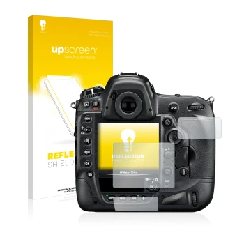 Vorderseite einer Produktverpackung mit dem Markenlogo upscreen. Daneben ist das Gerät Nikon D4S mit dem zugehörigen Displaysc