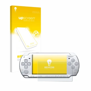 Vorderseite einer Produktverpackung mit dem Markenlogo upscreen. Daneben ist das Gerät Sony PSP 2004 mit dem zugehörigen Displ