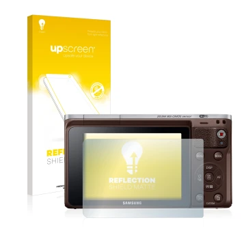 Vorderseite einer Produktverpackung mit dem Markenlogo upscreen. Daneben ist das Gerät Samsung NX Mini mit dem zugehörigen Dis