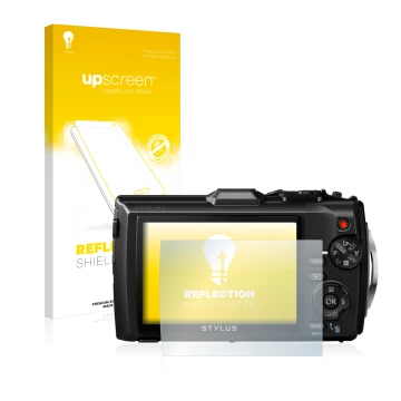 Vorderseite einer Produktverpackung mit dem Markenlogo upscreen. Daneben ist das Gerät Olympus Stylus Tough TG-3 mit dem zugeh