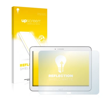 Vorderseite einer Produktverpackung mit dem Markenlogo upscreen. Daneben ist das Gerät Samsung Galaxy Tab 4 10.1 SM-T530 mit d