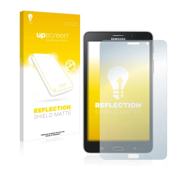 Vorderseite einer Produktverpackung mit dem Markenlogo upscreen. Daneben ist das Gerät Samsung Galaxy Tab Tab 4 7.0 LTE mit de