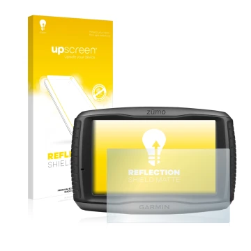 Vorderseite einer Produktverpackung mit dem Markenlogo upscreen. Daneben ist das Gerät Garmin zumo 590LM mit dem zugehörigen D