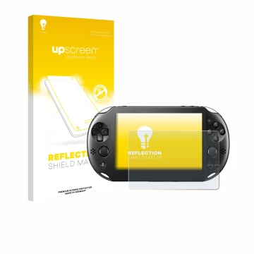 Vorderseite einer Produktverpackung mit dem Markenlogo upscreen. Daneben ist das Gerät Sony Playstation PS Vita Slim mit dem z