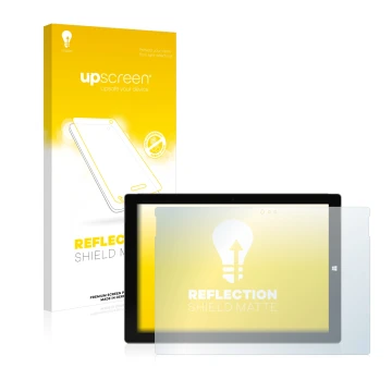 Vorderseite einer Produktverpackung mit dem Markenlogo upscreen. Daneben ist das Gerät Microsoft Surface Pro 3 mit dem zugehör