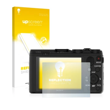 Vorderseite einer Produktverpackung mit dem Markenlogo upscreen. Daneben ist das Gerät Sony Cyber-Shot DSC-HX50 mit dem zugehö