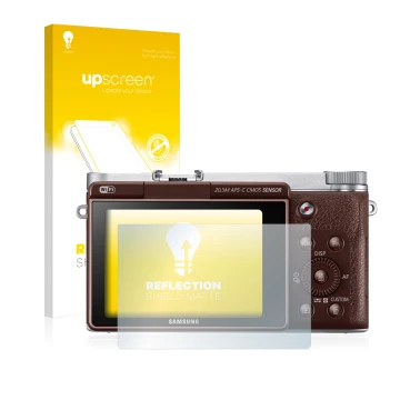 Vorderseite einer Produktverpackung mit dem Markenlogo upscreen. Daneben ist das Gerät Samsung NX3000 mit dem zugehörigen Disp