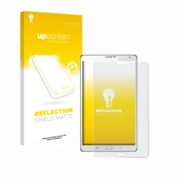 Vorderseite einer Produktverpackung mit dem Markenlogo upscreen. Daneben ist das Gerät Samsung Galaxy Tab S 8.4 SM-T705 mit de