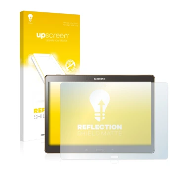 Vorderseite einer Produktverpackung mit dem Markenlogo upscreen. Daneben ist das Gerät Samsung Galaxy Tab S 10.5 SM-T800 mit d