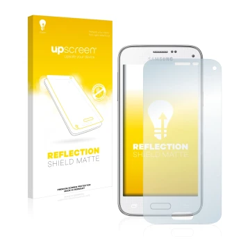 Vorderseite einer Produktverpackung mit dem Markenlogo upscreen. Daneben ist das Gerät Samsung Galaxy S5 Mini SM-G800 mit dem 