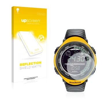 Vorderseite einer Produktverpackung mit dem Markenlogo upscreen. Daneben ist das Gerät Suunto Vector Yellow mit dem zugehörige