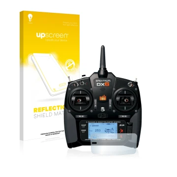 Vorderseite einer Produktverpackung mit dem Markenlogo upscreen. Daneben ist das Gerät Spektrum DX6 mit dem zugehörigen Displa