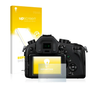 Vorderseite einer Produktverpackung mit dem Markenlogo upscreen. Daneben ist das Gerät Panasonic Lumix DMC-FZ1000 mit dem zuge