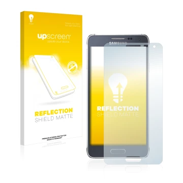 Vorderseite einer Produktverpackung mit dem Markenlogo upscreen. Daneben ist das Gerät Samsung Galaxy Alpha SM-G850F mit dem z